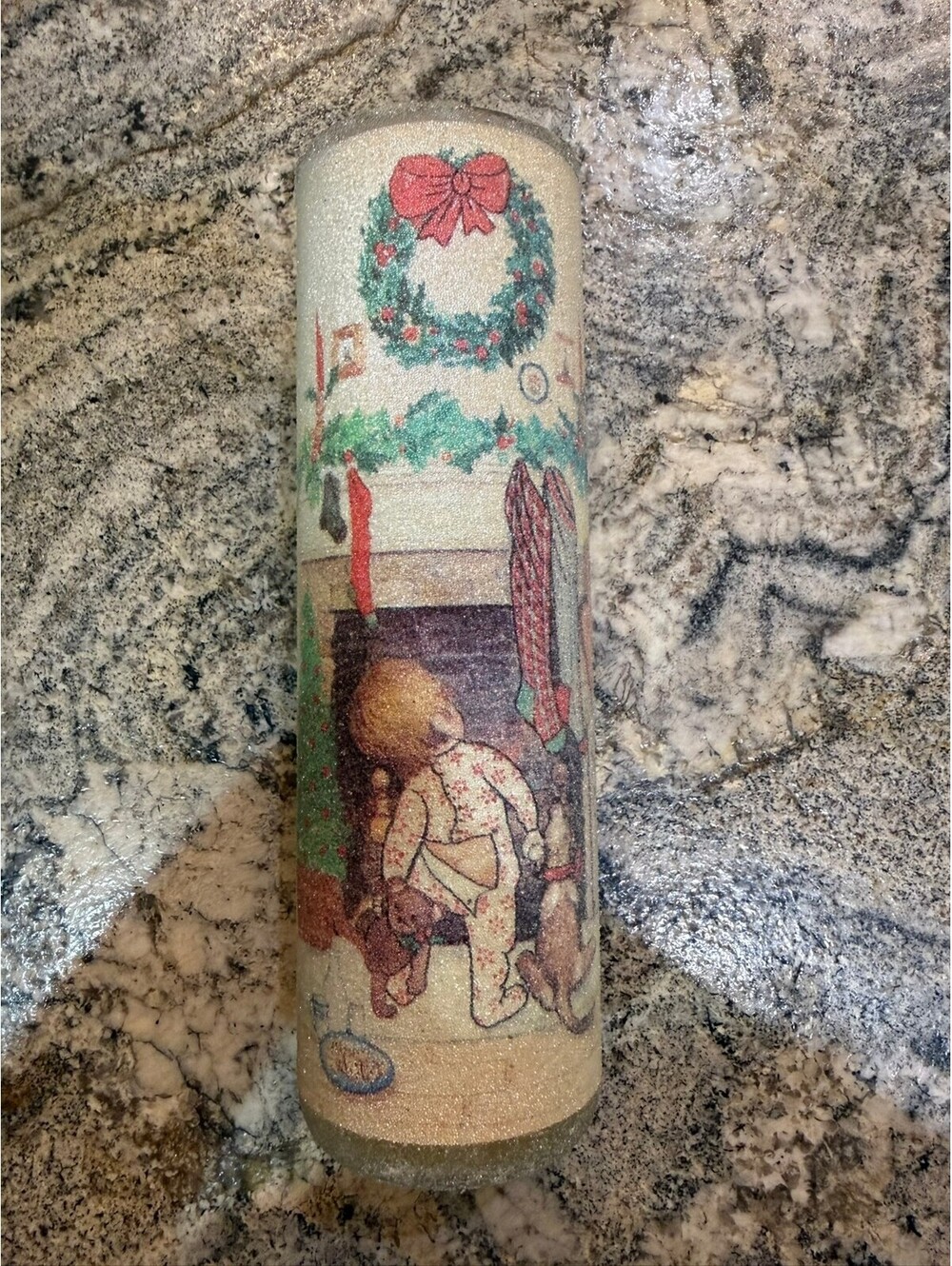 Vintage Sugar-Frosted Glass Pillar Candle with Christmas Child and Chimney Scene